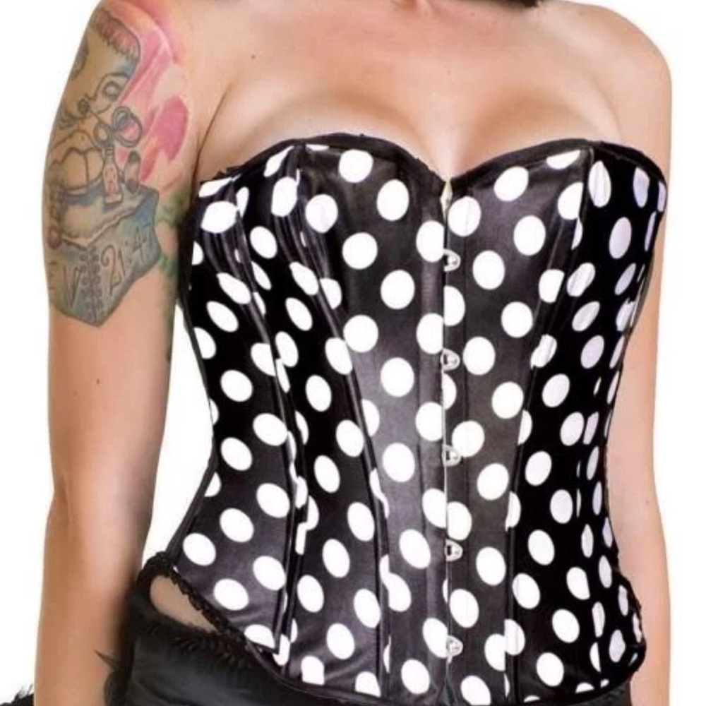LDS Pinup Pin Goth Retro Black & White Polka Dot Boned Corset NWT XL